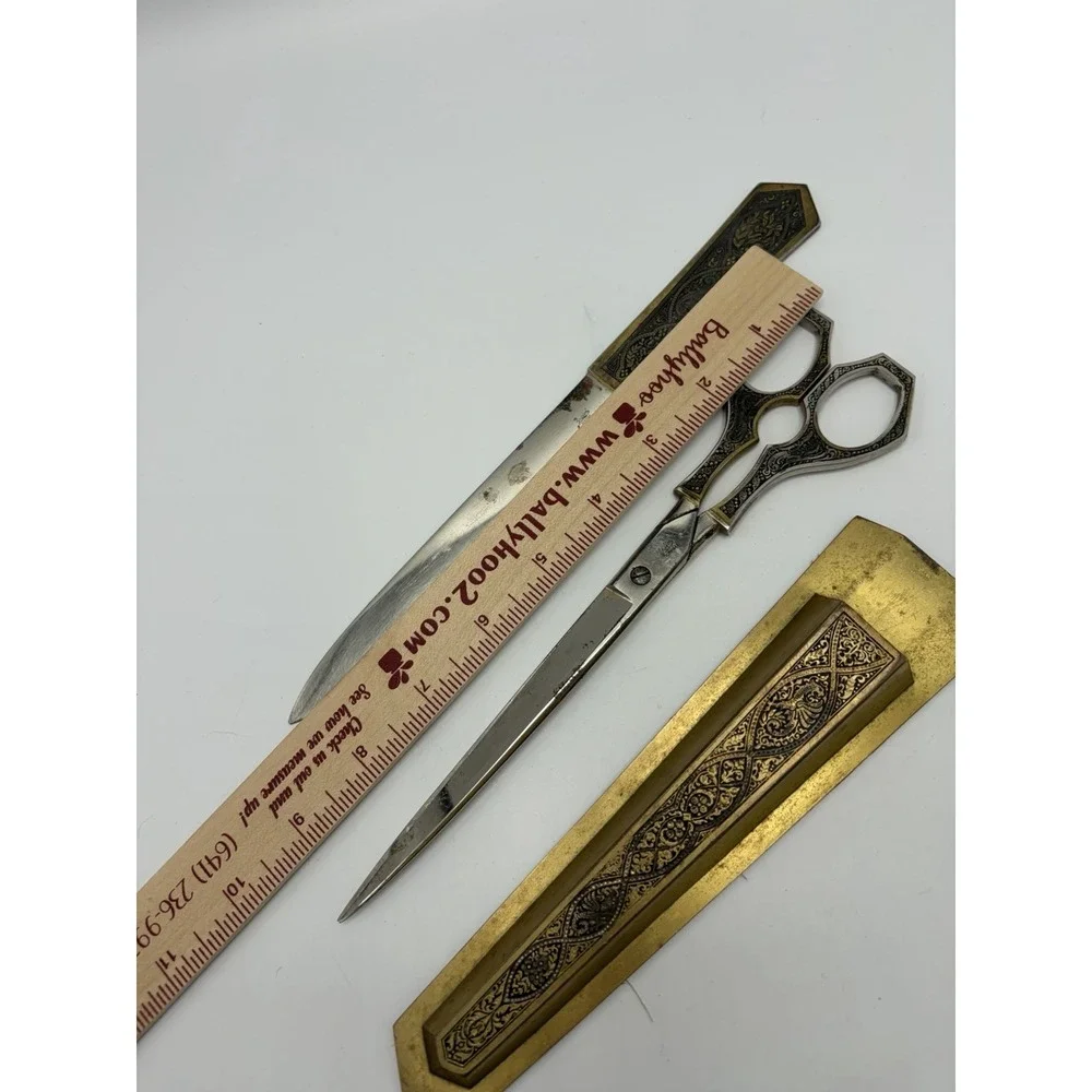 Vintage Griffon Germany Metal Scissors Letter Opener Desk Set Engraved Victorian